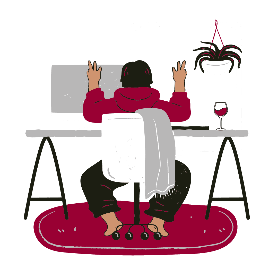 Male cartoon character sitting at desk with peace signs and a glass of wine