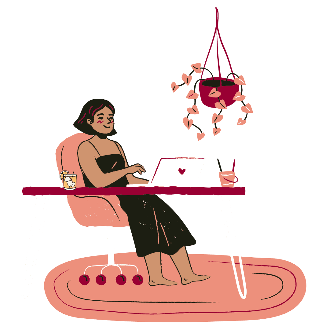 Female cartoon character working at a desk on her laptop with a cocktail next to her
